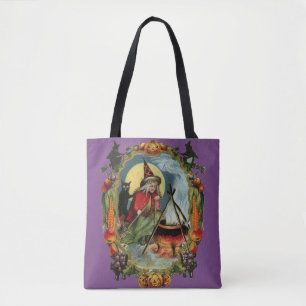 Tote Bag Halloween à l'ancienne, sorcière avec chat noir