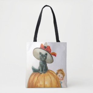 Tote Bag Halloween à l'ancienne, sorcière chat