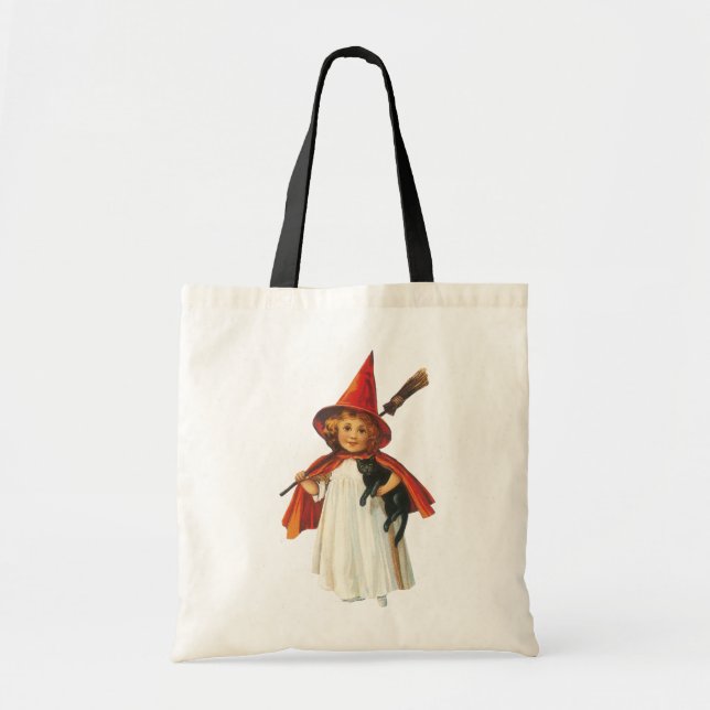 Tote Bag Halloween à l'ancienne, sorcière fille avec chat n (Devant)
