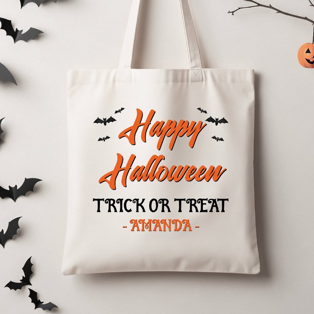 Tote Bag Halloween Bats Noirs Orange Trou Ou Treat Fourre-t (Personalized Trick Or Treat Tote Bag, Orange Black Halloween Tote Bag, Black Bats Halloween Tote  )