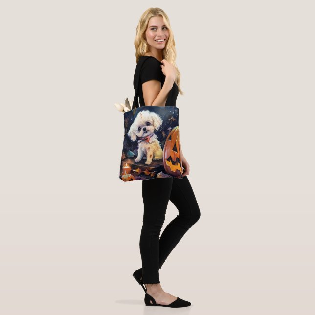 Tote Bag Halloween Bichon Frise Avec La Peur Citrouille (Sur le modèle)