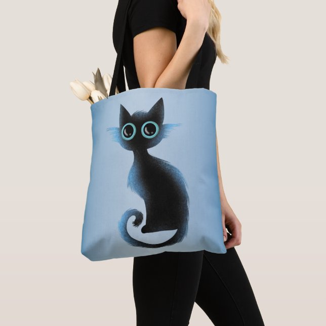 Tote Bag Halloween Big Eyes Black Blue Evil Chat (De près)