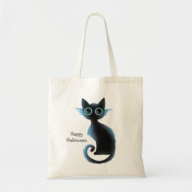 Tote Bag Halloween Big Eyes Black Blue Evil Chat (Devant)