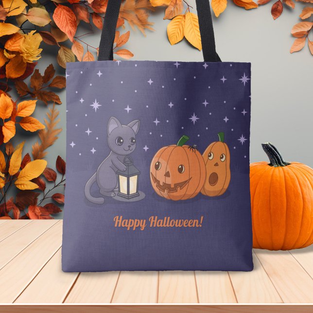 Tote Bag Halloween Black Cat Pumpkins Lantern Purple (Créateur téléchargé)