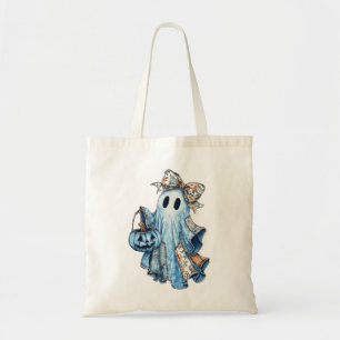 Tote Bag Halloween Blue Denim Boo Ghost Floral Coquette Bow