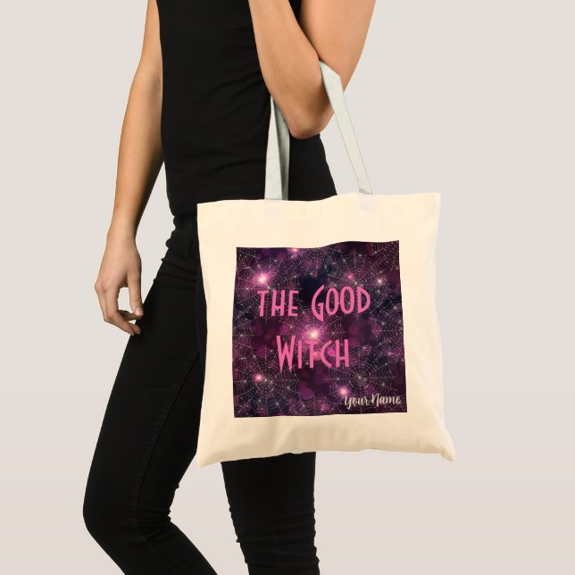 Tote Bag Halloween Bonne sorcière rose violet araignée Webs (Devant (produit))