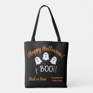 Tote Bag Halloween Boo, Orange Noir, Nom de famille, heureu