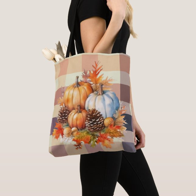 Tote Bag Halloween Brown Plaid Citrouille orange et blanc (De près)