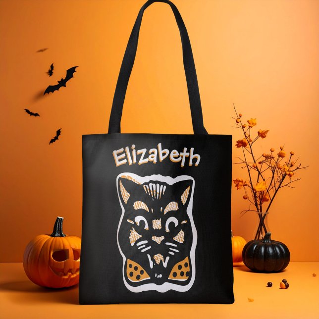 Tote Bag Halloween Cat Dark n Orange Trick ou Treat (Custom name, black cat with orange bow tie trick or treat bag for Halloween.)