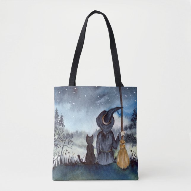 Tote Bag Halloween Chat noir et la Sorcière étoile nuit (Devant)