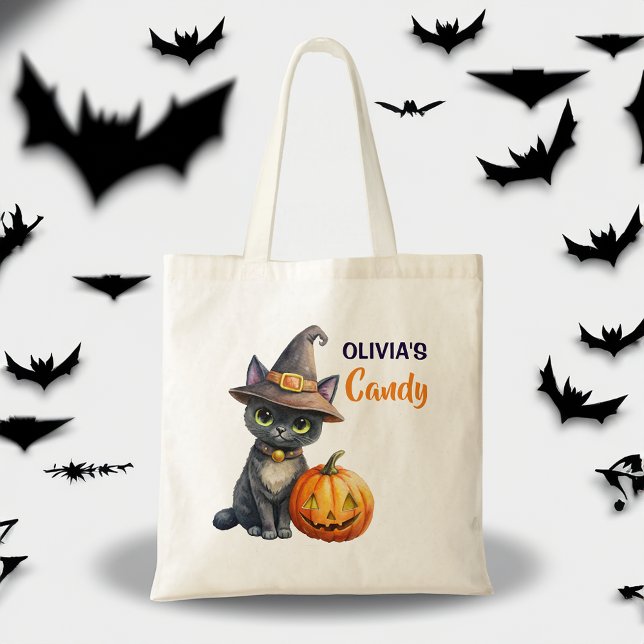 Tote Bag Halloween chat noir Jack-o'-lantern customisé (Halloween cute black cat jack o lantern customized name tote bag Halloween gifts for kids)