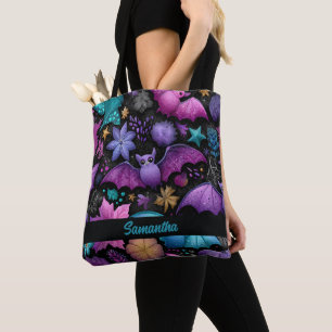 Tote Bag Halloween chauves-souris et fleurs du jardin de mi