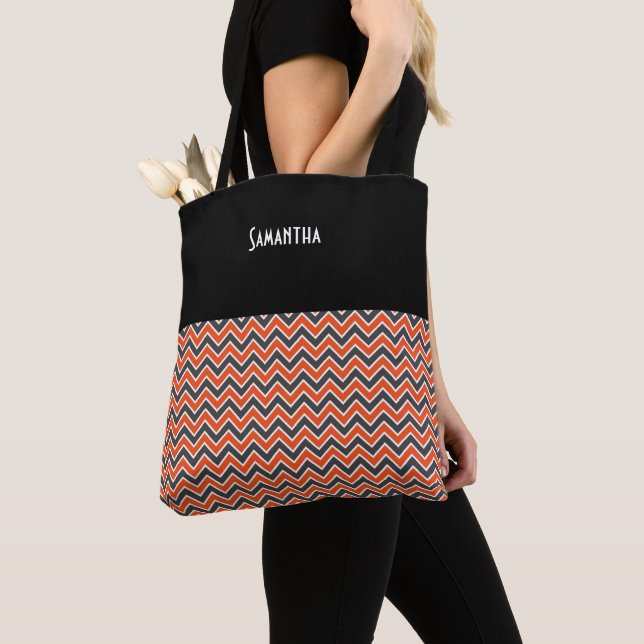 Tote Bag Halloween Chevron Bold Orange Noir Blanc Nom (De près)