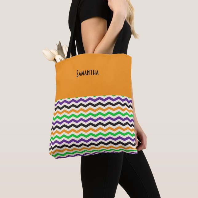 Tote Bag Halloween Chevron vert violet noir orange Nom (De près)