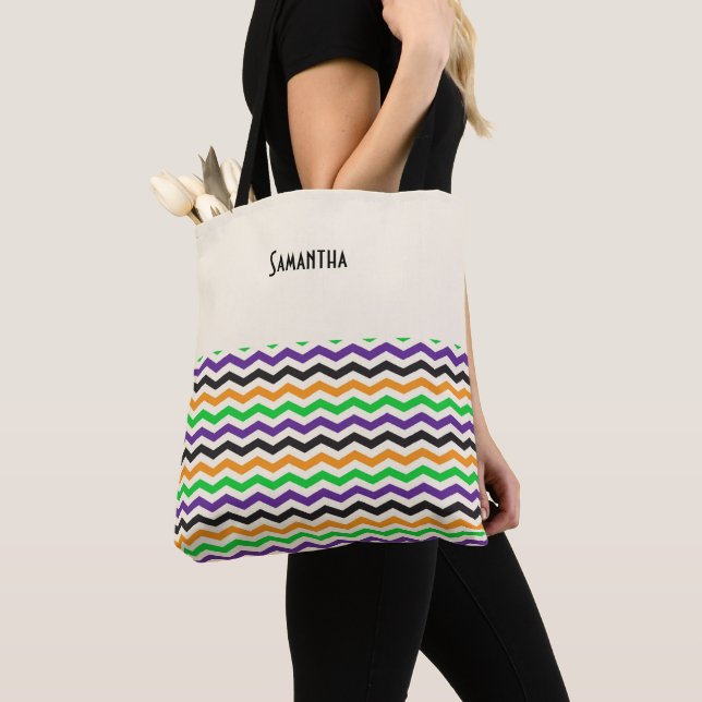 Tote Bag Halloween Chevron vert violet noir orange Nom (De près)