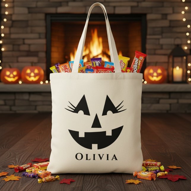 Tote Bag Halloween Citrouille de fille personnalisée (Personalized Girly Pumpkin Face Halloween Tote Bag - Just add your trick-or-treater's name!)
