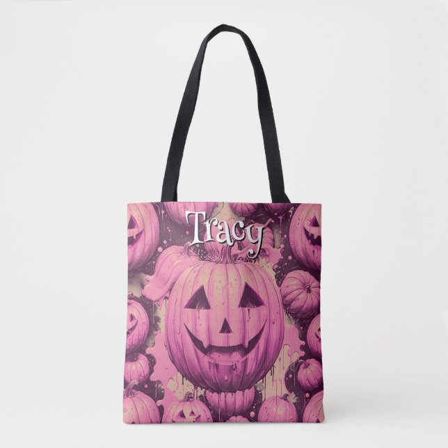 Tote Bag Halloween Citrouille rose monogramme (Devant)