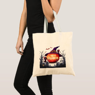 Tote Bag Halloween-Citrouille, sorcière Casquette et chats 
