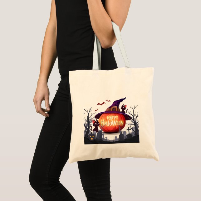 Tote Bag Halloween-Citrouille, sorcière Casquette et chats  (Devant (produit))