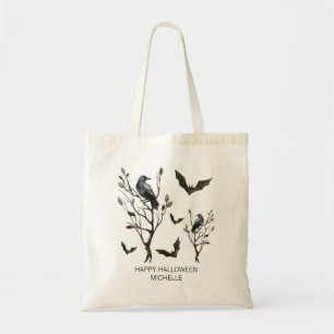 Tote Bag Halloween Corbeaux chauves-souris Aquarelle Nom pe