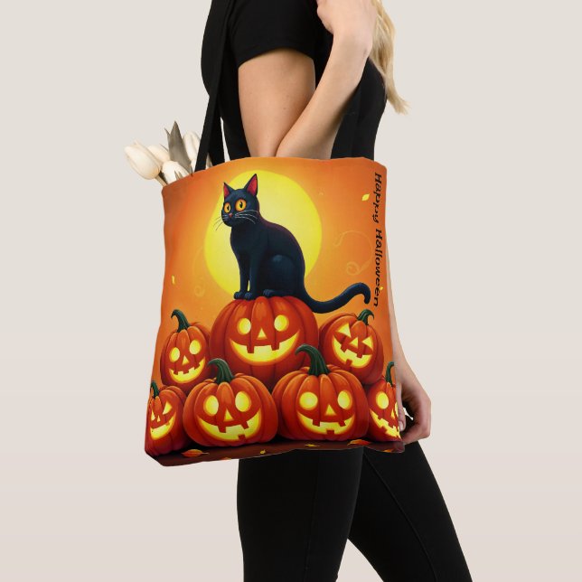 Tote Bag Halloween de vacances avec chat et pleine lune (De près)