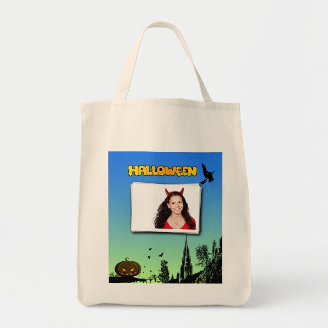 Tote Bag Halloween Dusk with Witch Ajouter cadre photo (Devant)