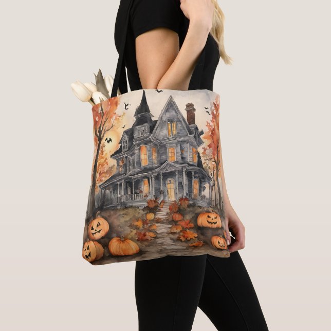 Tote Bag Halloween Éffrayant de la vieille maison d'IA (De près)