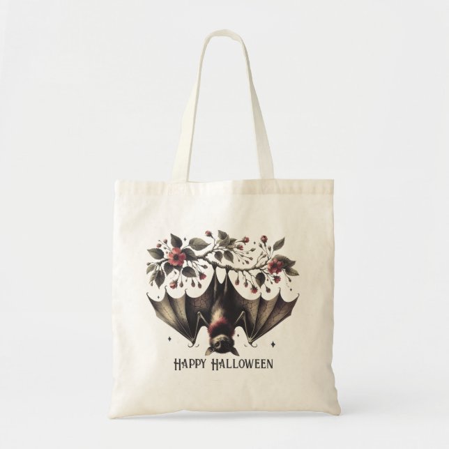 Tote Bag Halloween Fleurs roses mal chauve Feuilles verts c (Devant)