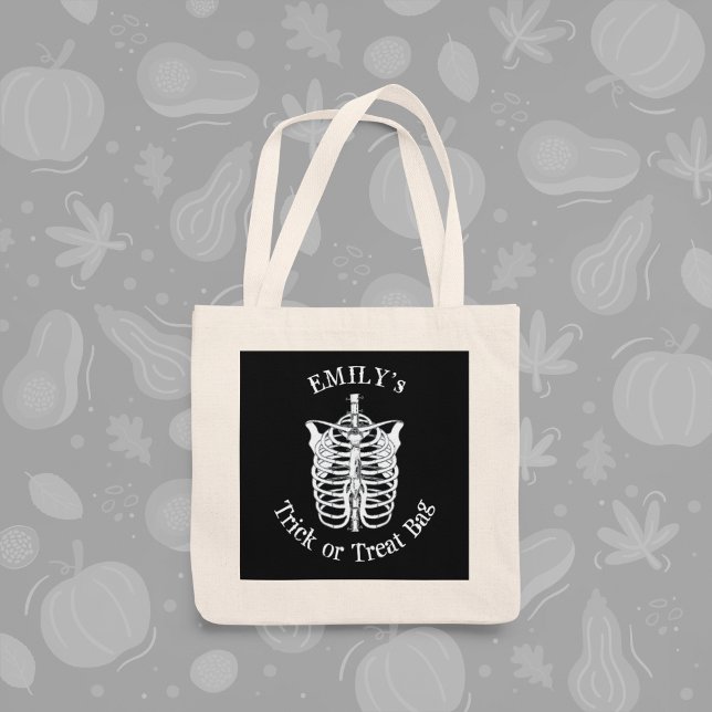 Tote Bag Halloween Friandise ou Farce Épouvantable Squelett (Halloween skeleton trick or treat bag with spooky design for kids and fall celebrations.)