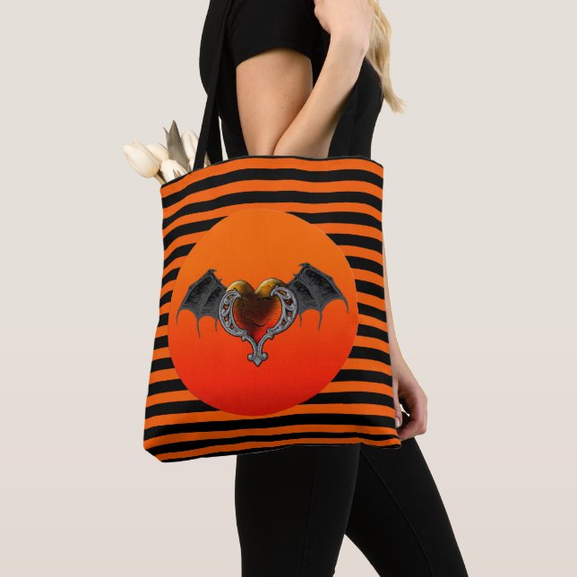 Tote Bag Halloween Goth Orange Heart & Bat Wings (De près)