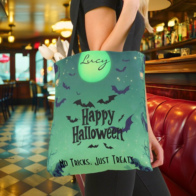 Tote Bag Halloween heureux personnalisé avec Lune verte, ch (Créateur téléchargé)