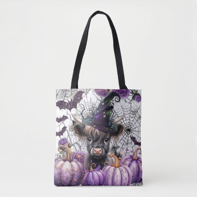 Tote Bag Halloween Highland Vache sorcière violet Citrouill (Devant)