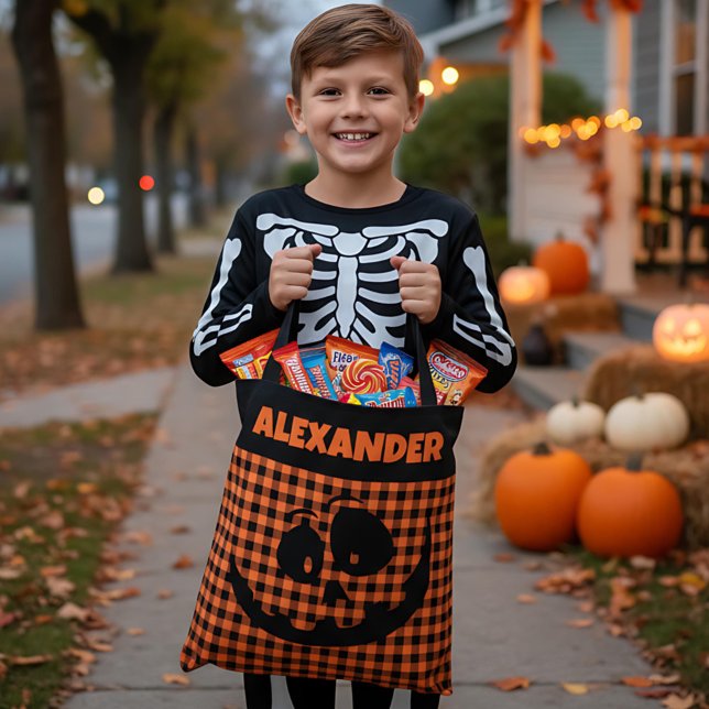 Tote Bag Halloween Jack-O-Lantern Orange & Black Plaid Name (Créateur téléchargé)