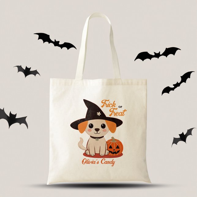 Tote Bag Halloween joli chiot Jack-o'-lantern tour ou régal (Halloween cute puppy jack o lantern trick or treat personalized name tote bag gifts for dog lovers)