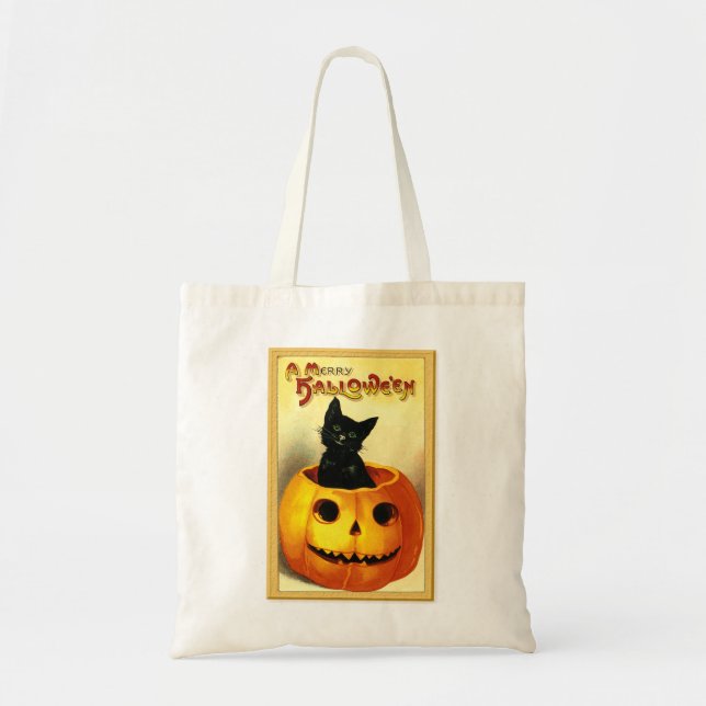 Tote Bag Halloween Kitty assis à Jack-o'-lantern (Devant)