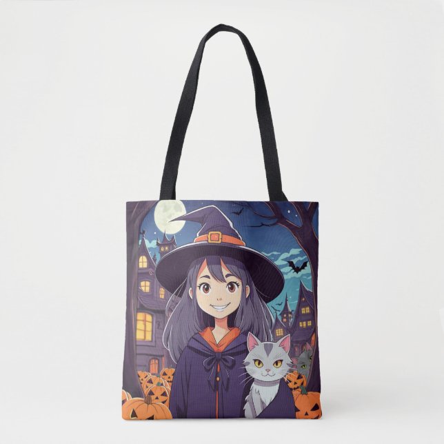 Tote Bag Halloween Kitty & Witch Trick or Treat (Devant)
