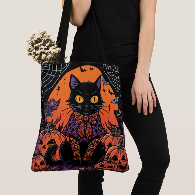 Tote Bag Halloween,Le rôdeur du champ de citrouilles,Chat n (De près)