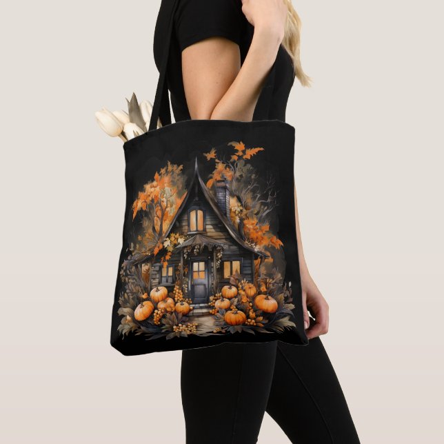 Tote Bag Halloween Maison hantée avec Citrouilles & Foliage (De près)