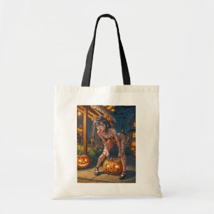 Tote Bag Halloween Monster Jack-o-Lantern & Bat Vixen Girl