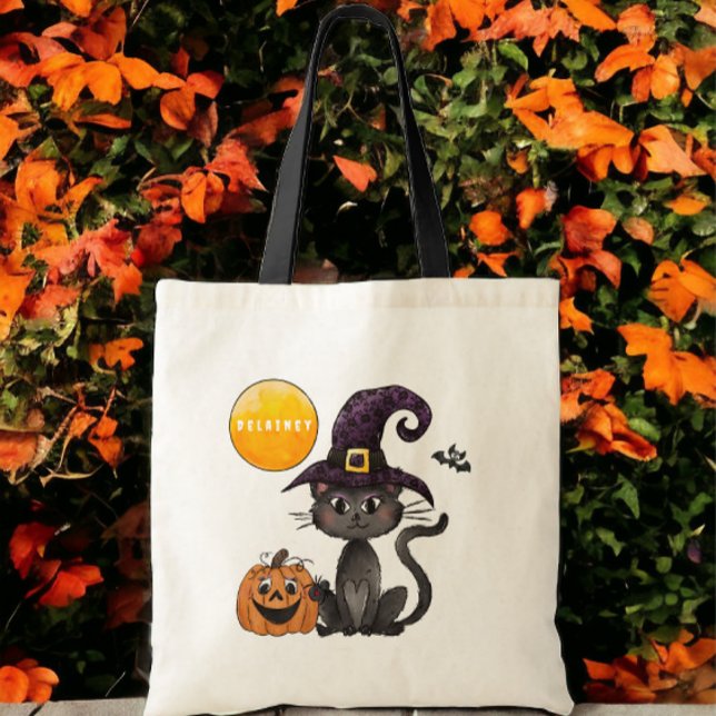 Tote Bag Halloween Nom de chat noir Tricot ou traitement (Créateur téléchargé)