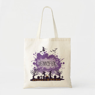 Tote Bag Halloween Personalisé Purple Nom Sorcière Graveyar