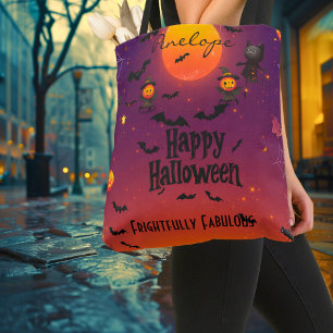Tote Bag Halloween personnalisé avec pleine lune et chats n