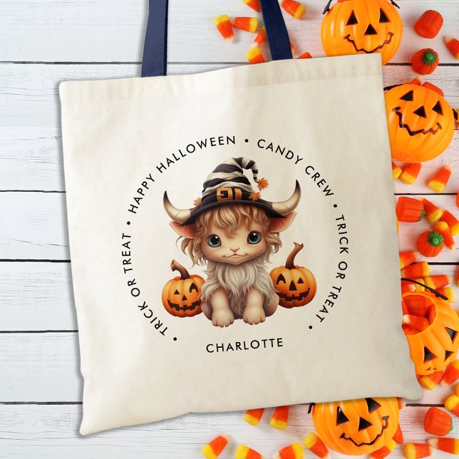 Tote Bag Halloween Personnalisé Highland Cow Trick Ou Treat (Créateur téléchargé)