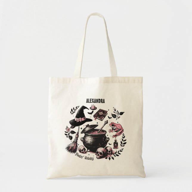 Tote Bag Halloween personnalisées en noir rose (Devant)