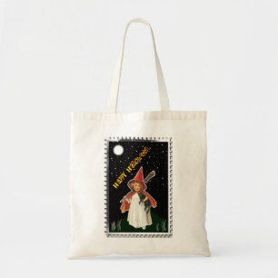 Tote Bag Halloween - Petite Fille avec Balai et Chat Noir