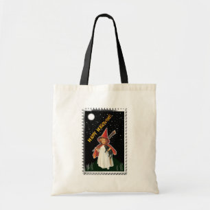 Tote Bag Halloween - Petite Fille avec Balai et Chat Noir