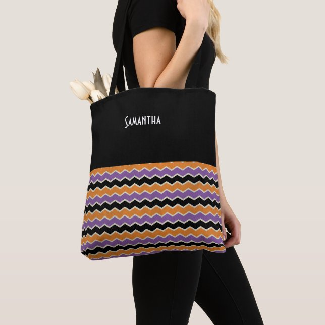 Tote Bag Halloween Retro 1950 Chevron Black Orange Nom (De près)