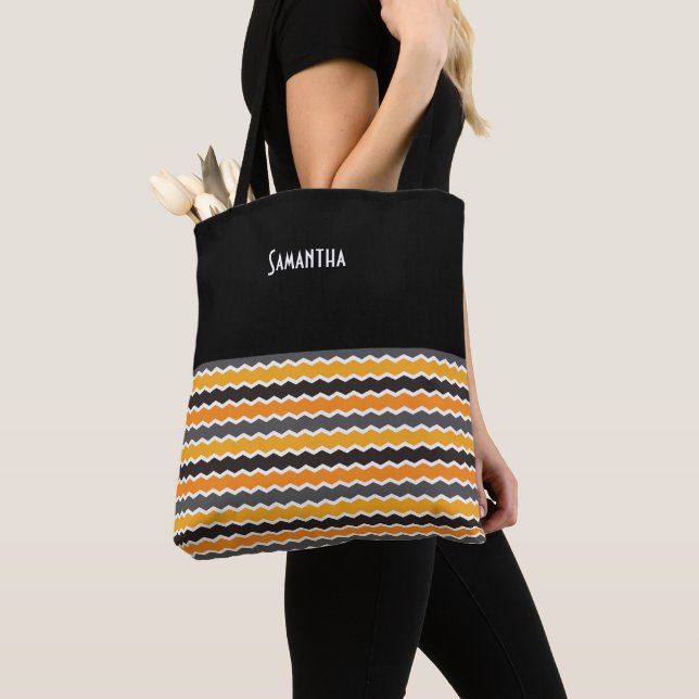 Tote Bag Halloween Retro 1960 Chevron Black Orange Nom (De près)