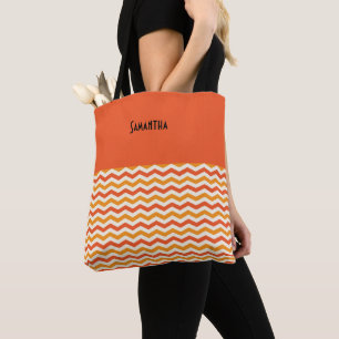 Tote Bag Halloween Retro Chevron Citrouille Orange Blanc No
