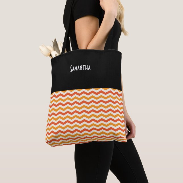 Tote Bag Halloween Retro Chevron noir orange blanc Nom (De près)